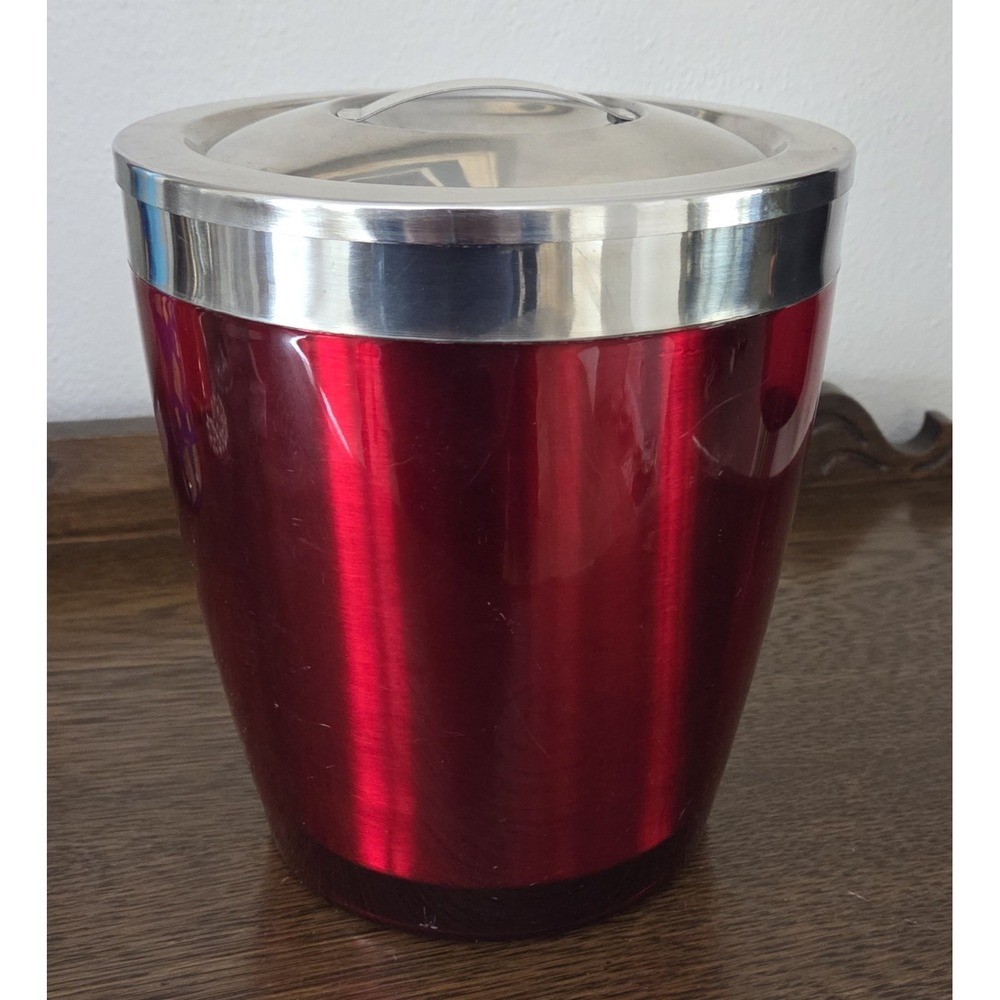 Retro Metallic Red Lidded Ice Bucket Chrome Double Walled Acrylic Lucite Vintage